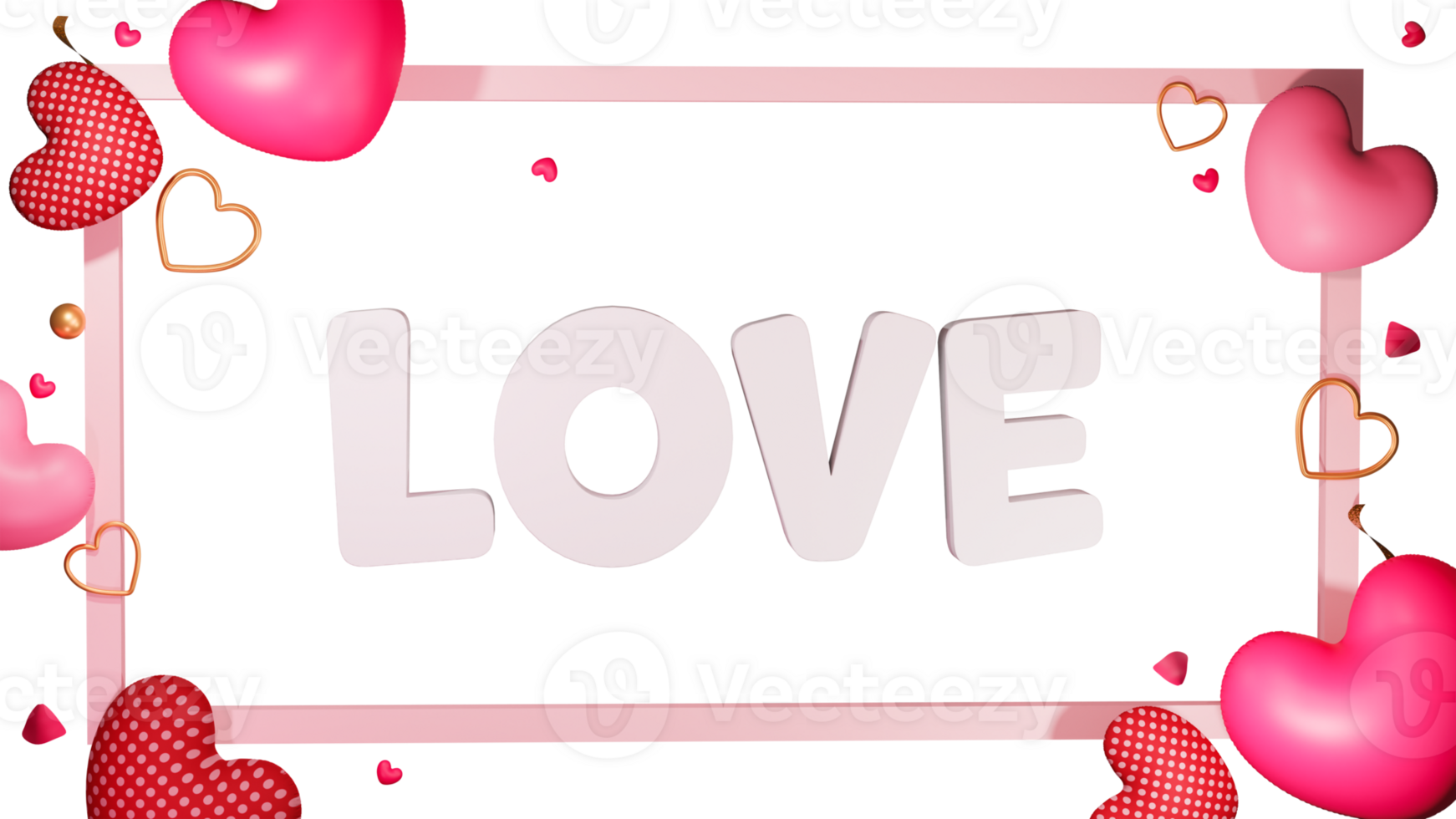 Top View Of White Love Font With Glossy Hearts Decorated On Rectangle Frame Background In 3D Render. png