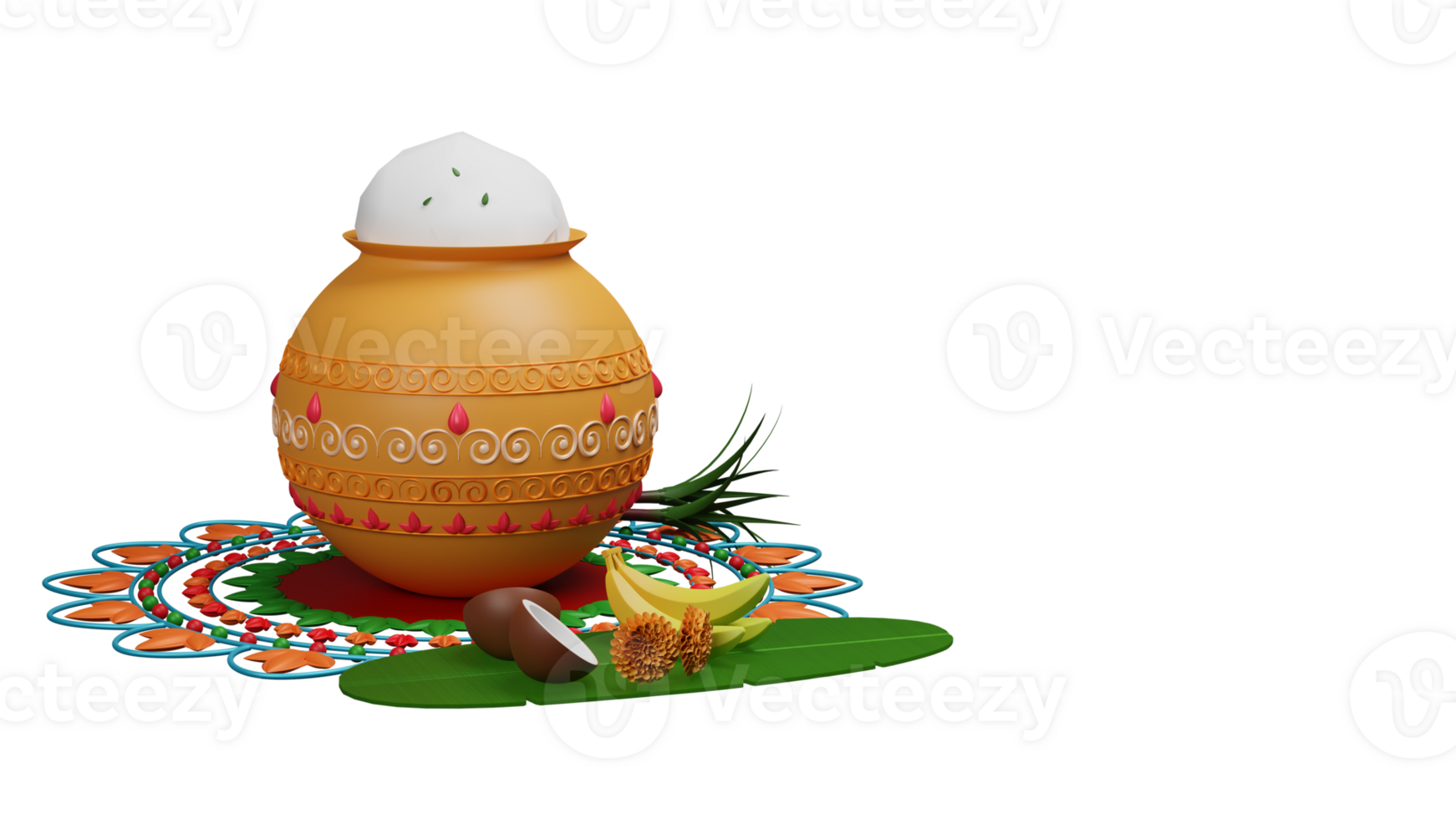 3D Render Of Pongal Festival Elements Over Rangoli. png