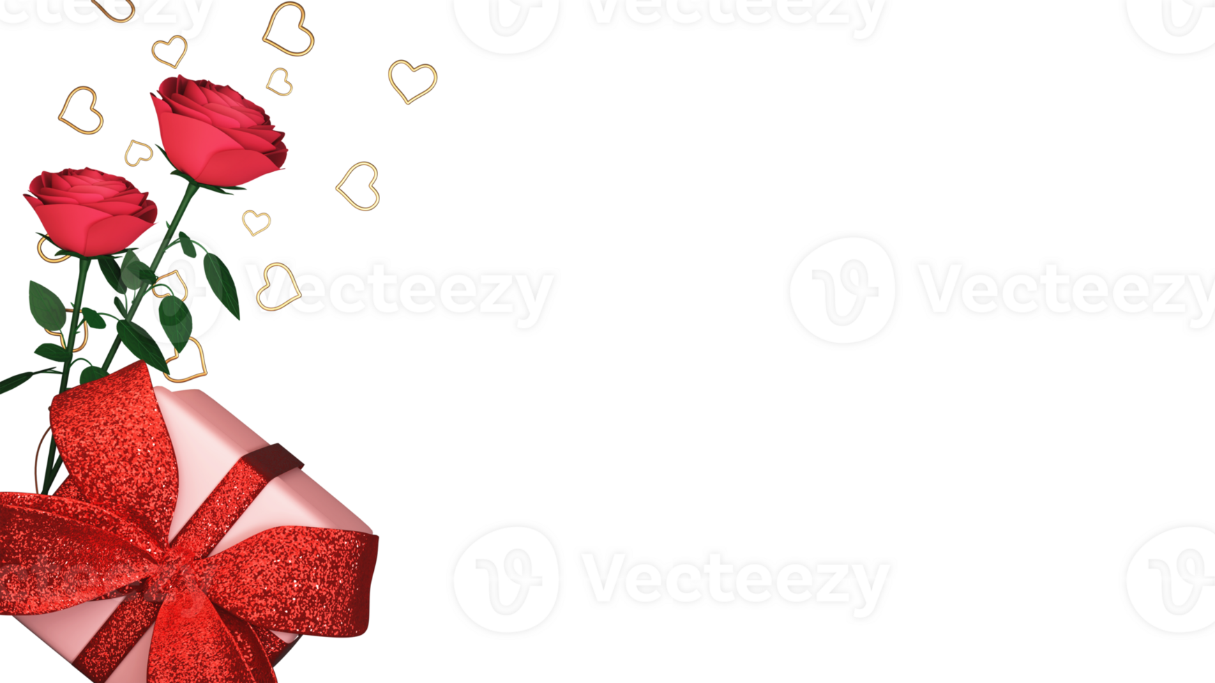 Top View Of Gift Box With Rose Flowers, Golden Heart Shapes In 3D Render. png