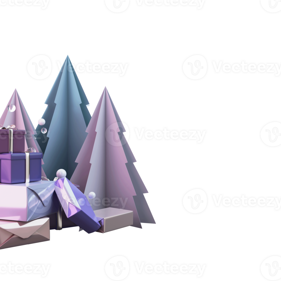 Paper Cut Xmas Trees With Stack Of Gift Boxes Element. 3D Rendering. png