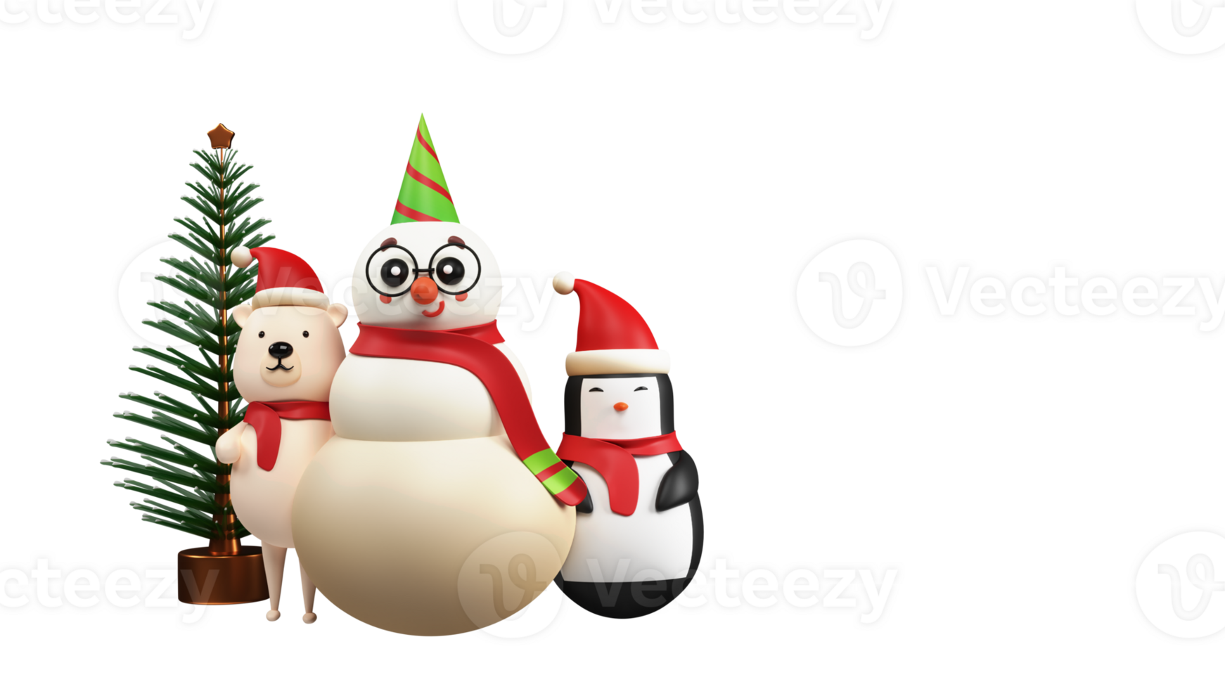 3D Illustration Of Cartoon Snowman With Penguin, Polar Bear Standing Together And Xmas Or Spruce Tree Against Background. png