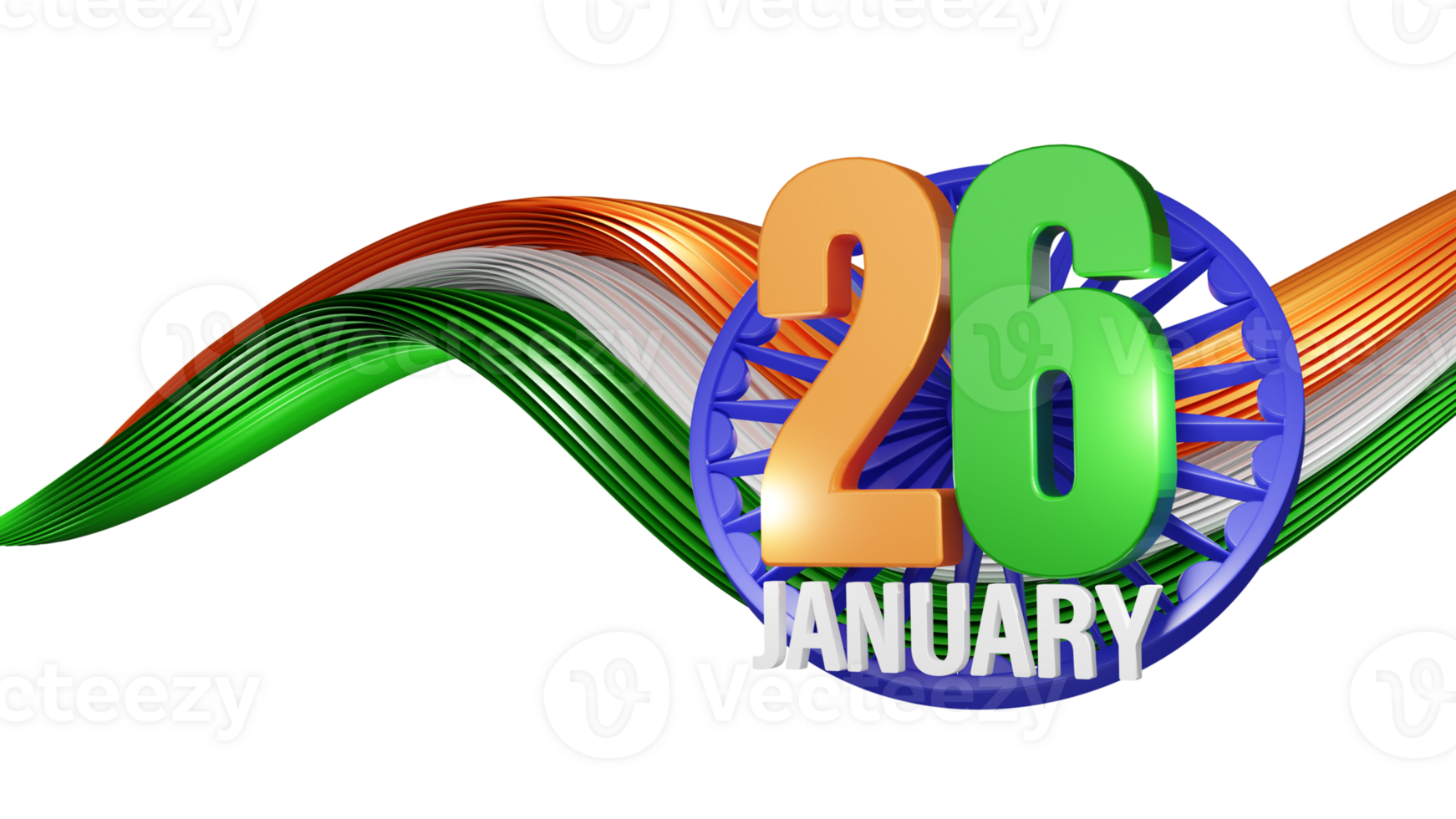 3D Render Of Tricolor 26 January Text With Ashoka Wheel And Glossy India Flag Wavy. png