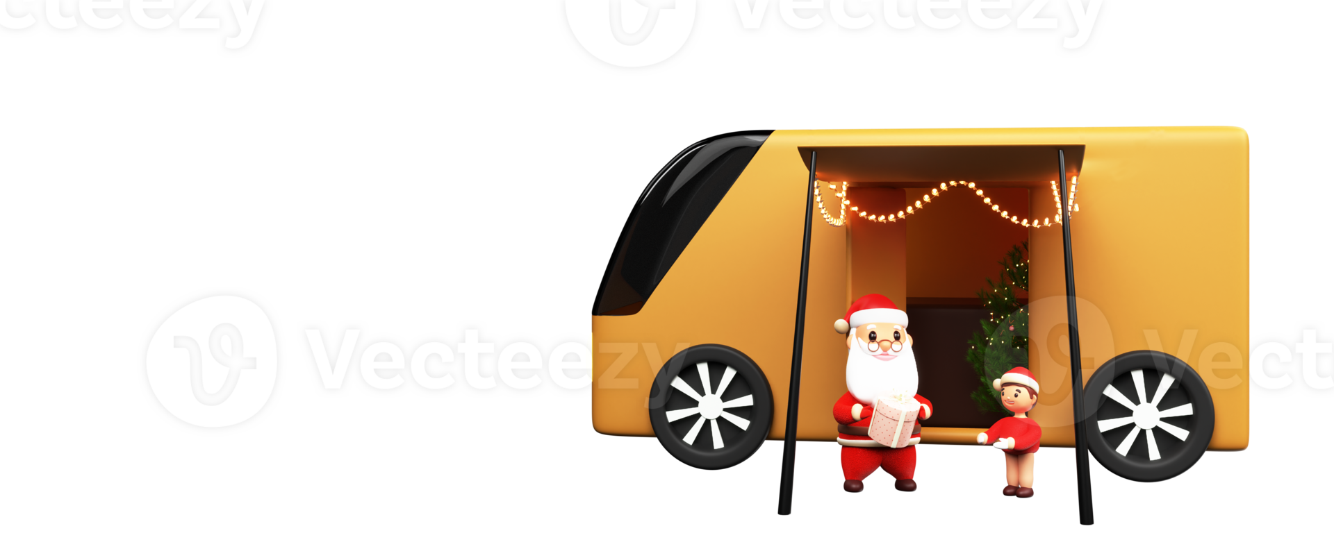 3D Render Of Santa Claus Offering Gift Box To Young Boy And Caravan Vehicle Illustration. png
