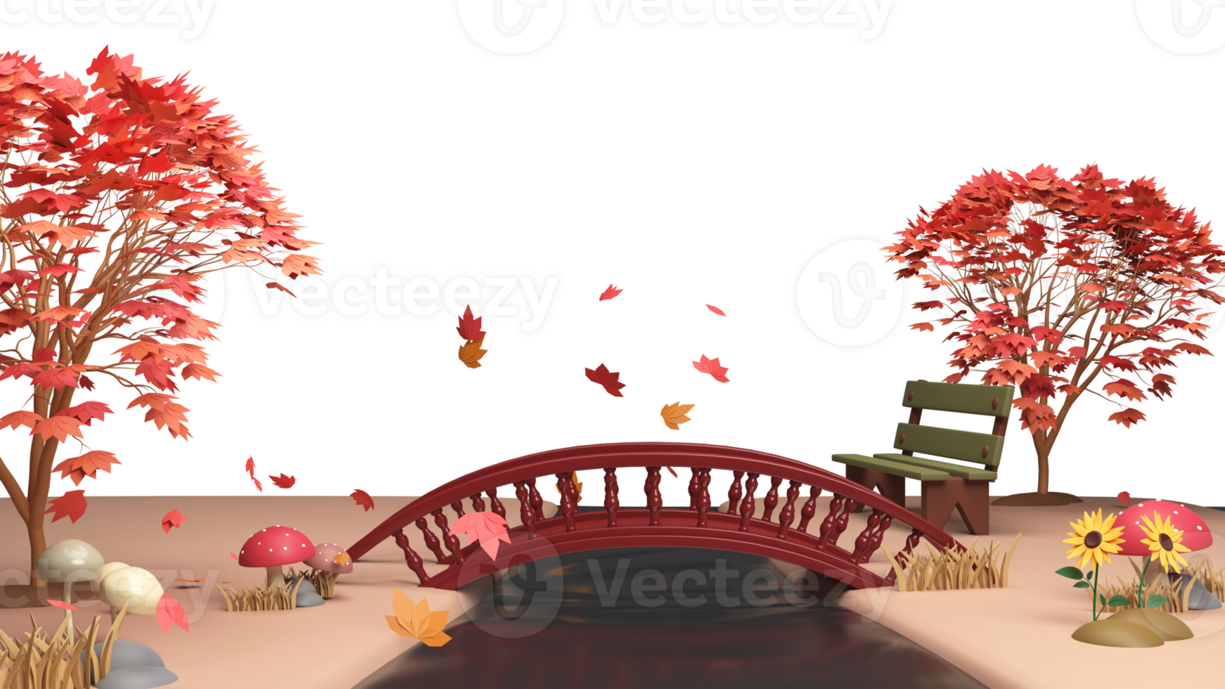 3D Render Autumn Bridge Background With Tree, Flying Leaves, Bench, Toadstools And Copy Space. png