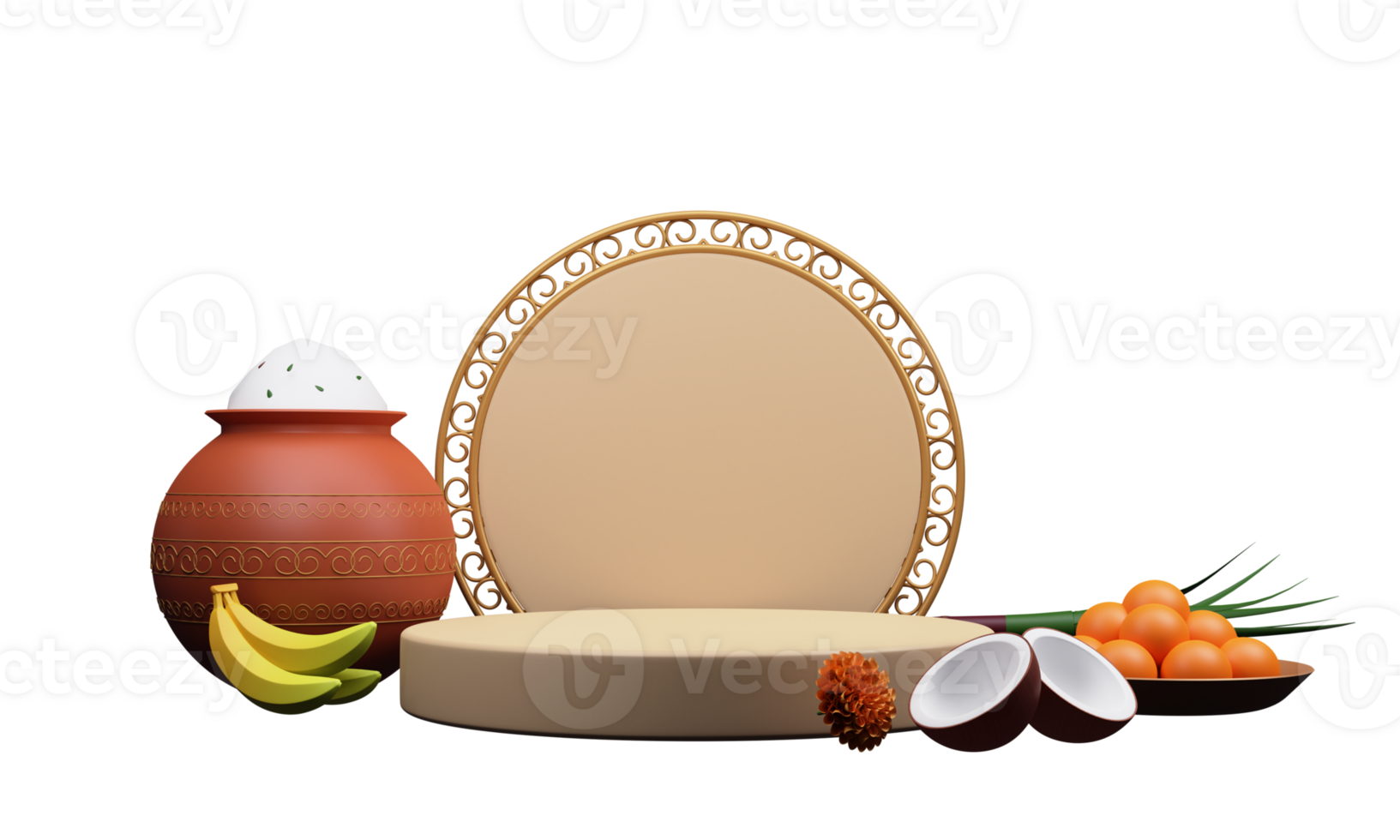 3D Illustration Of Pongal Festival Elements And Empty Circular Frame