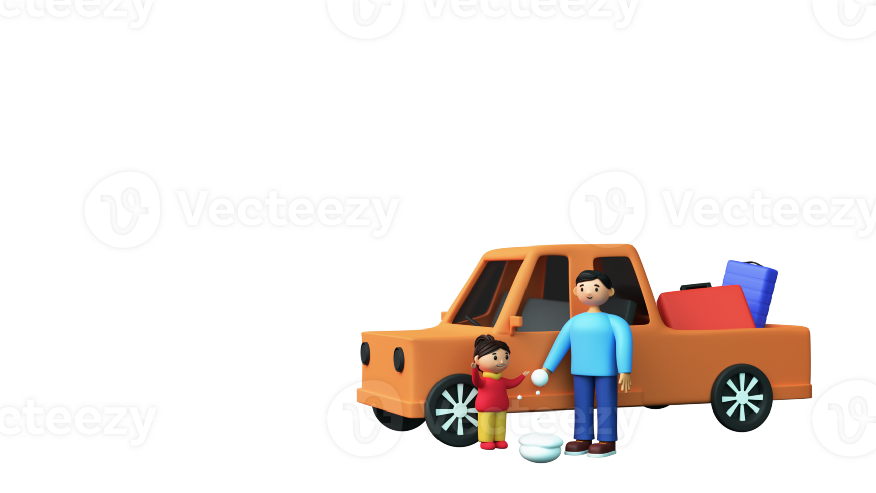 3D Render Of Young Man With His Daughter Enjoying Snow, Pickup Truck Full Of Luggage Bags And Copy Space Against Background. png