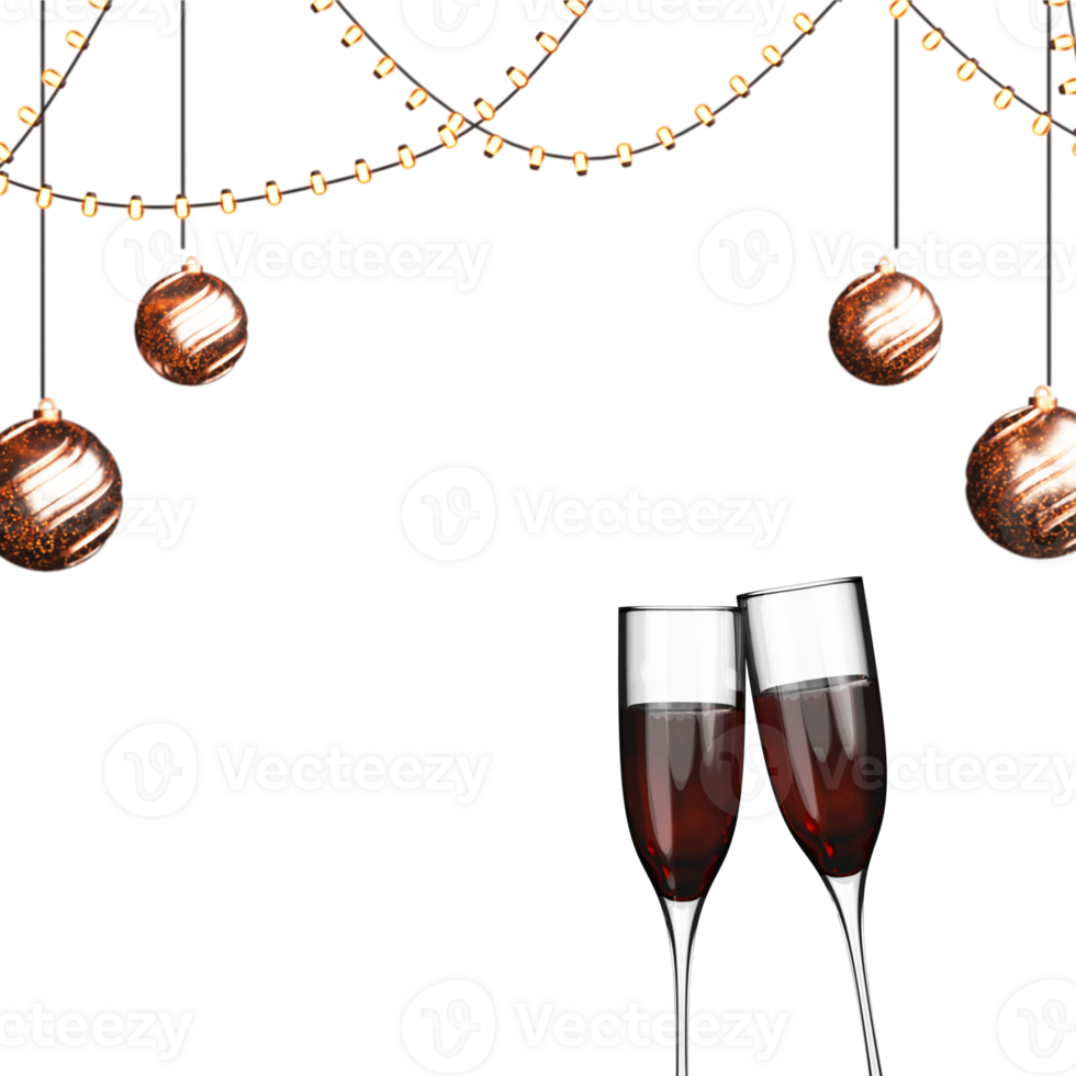 3D Champagne Glasses With Bronze Baubles Hang, Lighting Garland Decorated Background And Copy Space. png