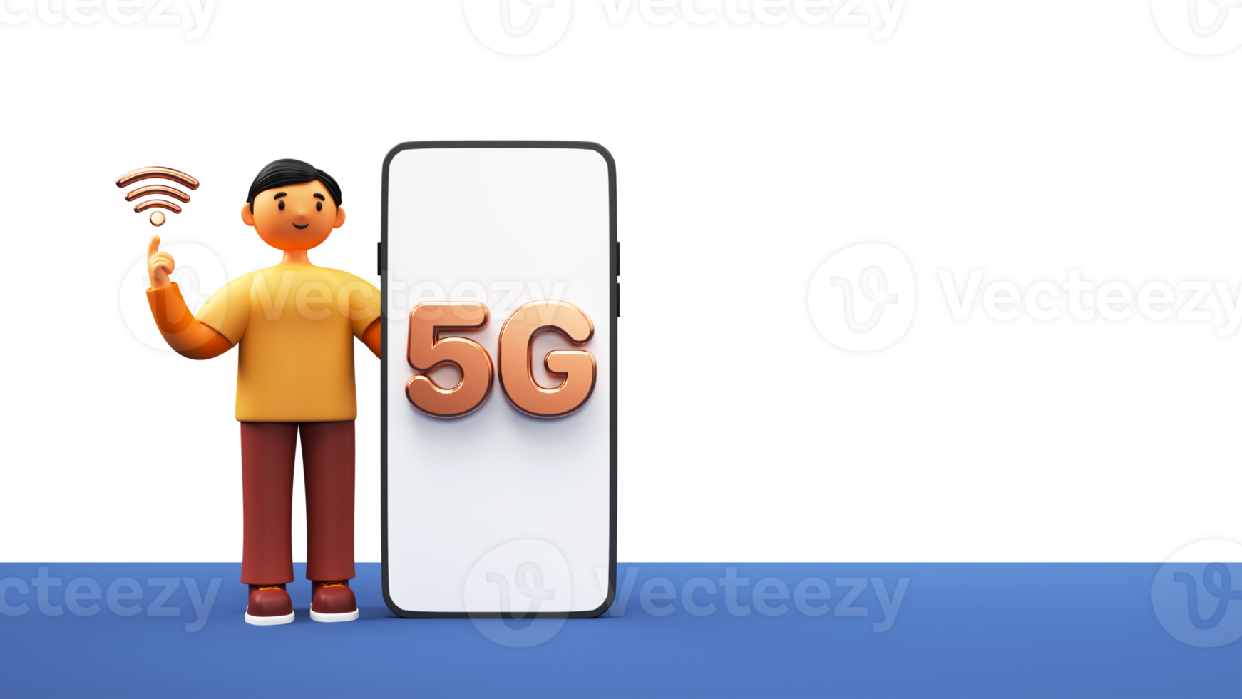 3D Render Of Young Man Showing Wifi Symbol With 5G Text Over Smartphone Screen And Copy Space. png