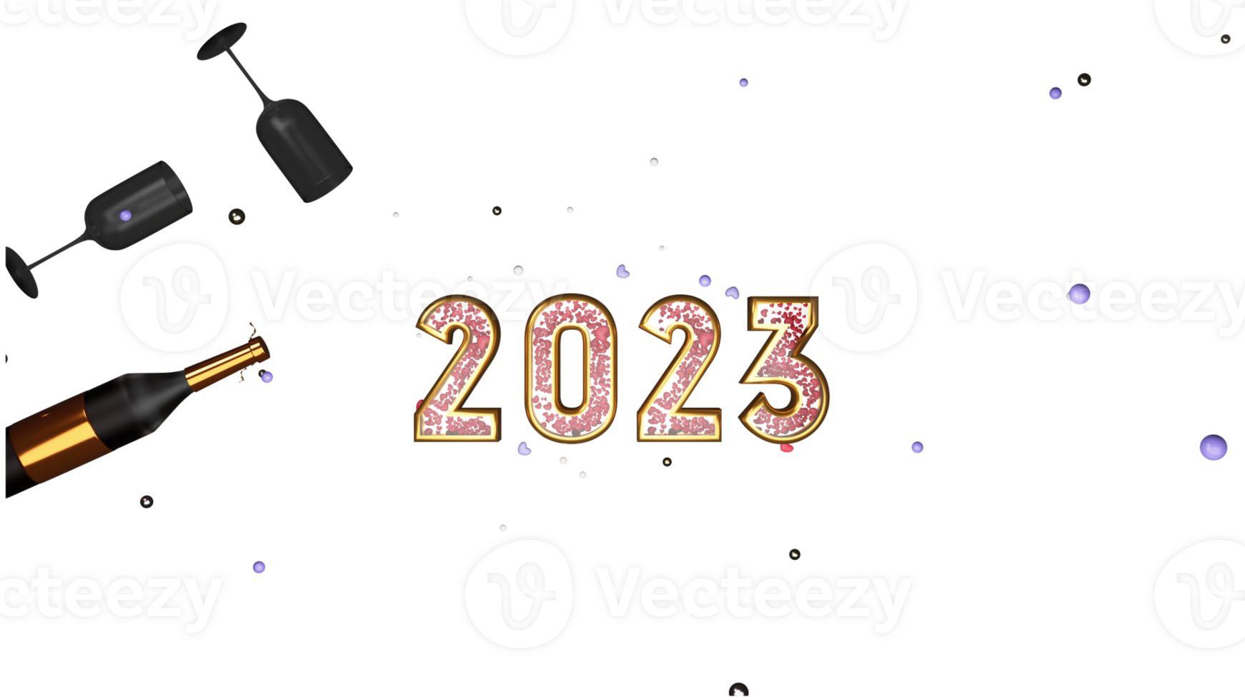 Top View Of 3D 2023 Number With Champagne Bottle And Empty Flute Glasses Decorated Background. png