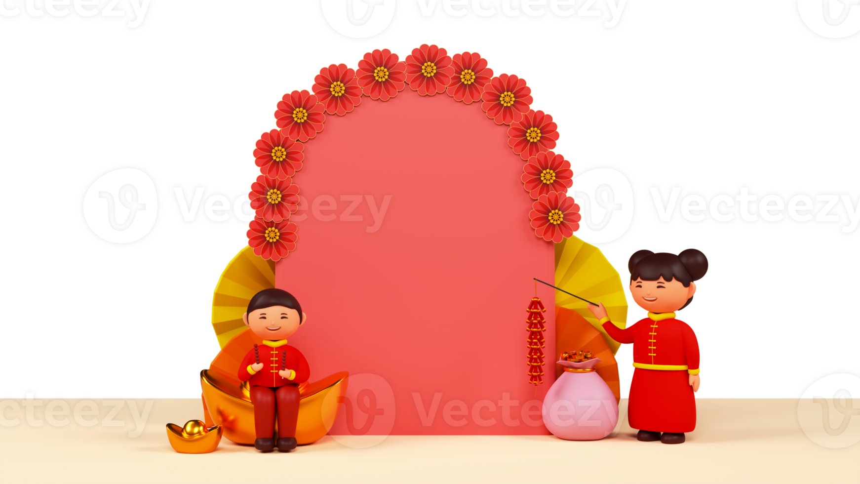 3D Render Of Cheerful Chinese Kids With Ingots, Treasure Sack, Accordion Paper Flowers And Copy Space. png