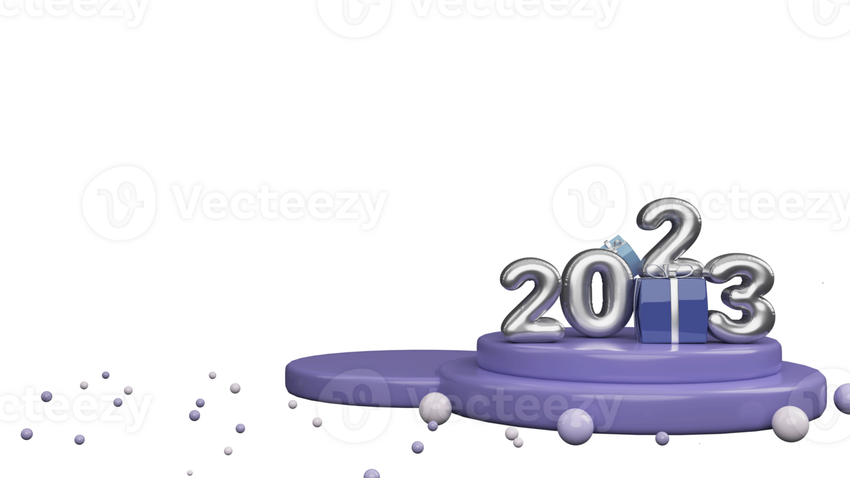 3D Silver Foil 2023 Number With Gift Box Over Podium And Beads Against Background. png