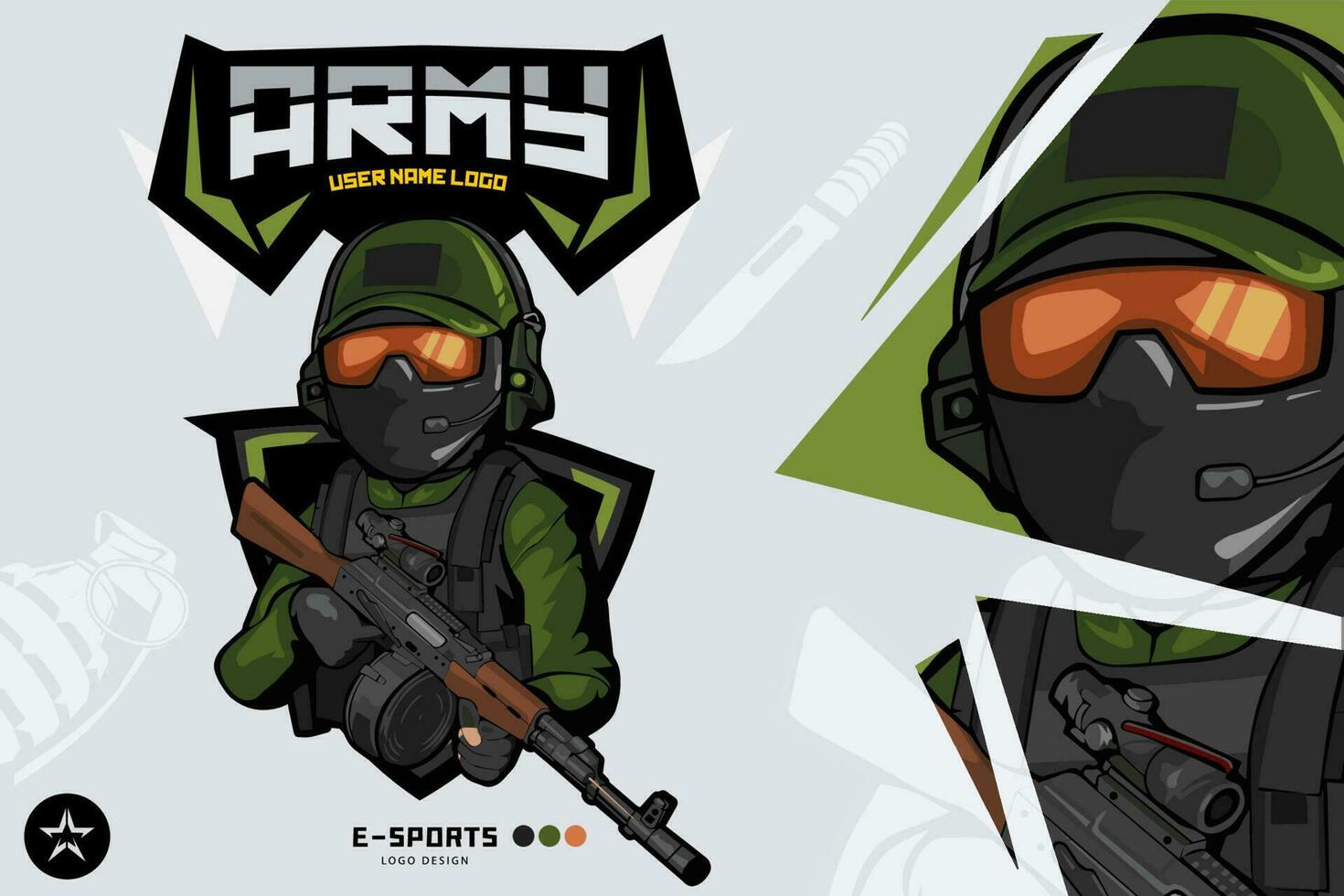 Ejército soldado mascota logo para esports y deporte vector