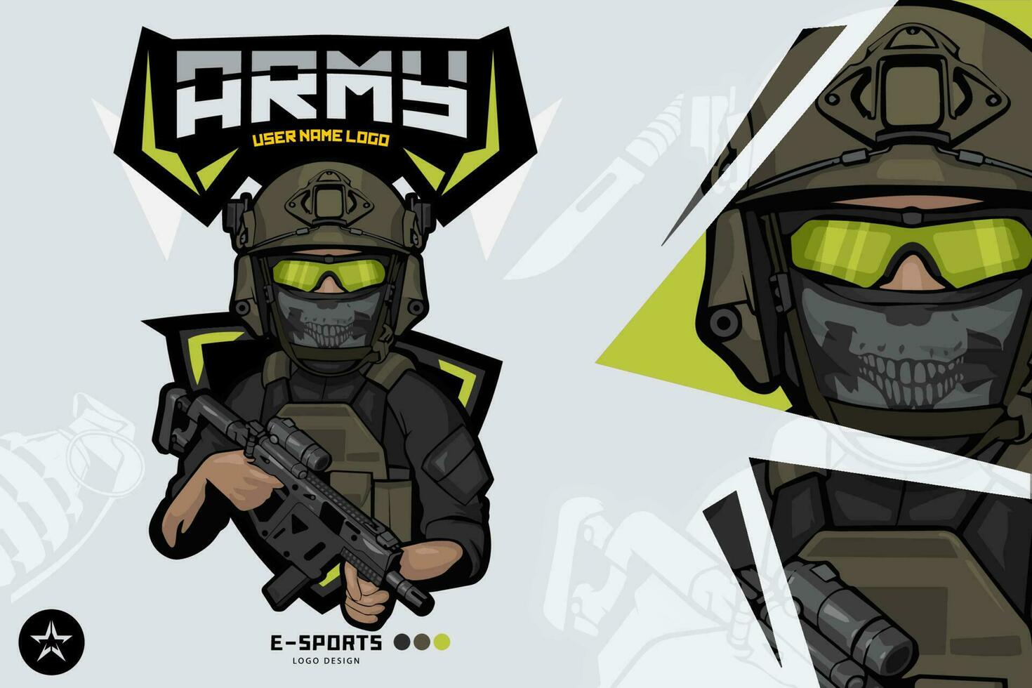Ejército soldado mascota logo para esports y deporte vector