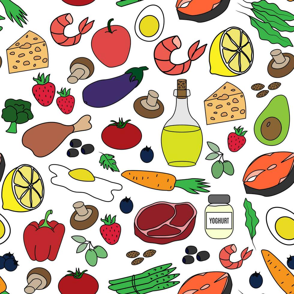 Ketogenic diet. Big set seamless pattern on white background vector