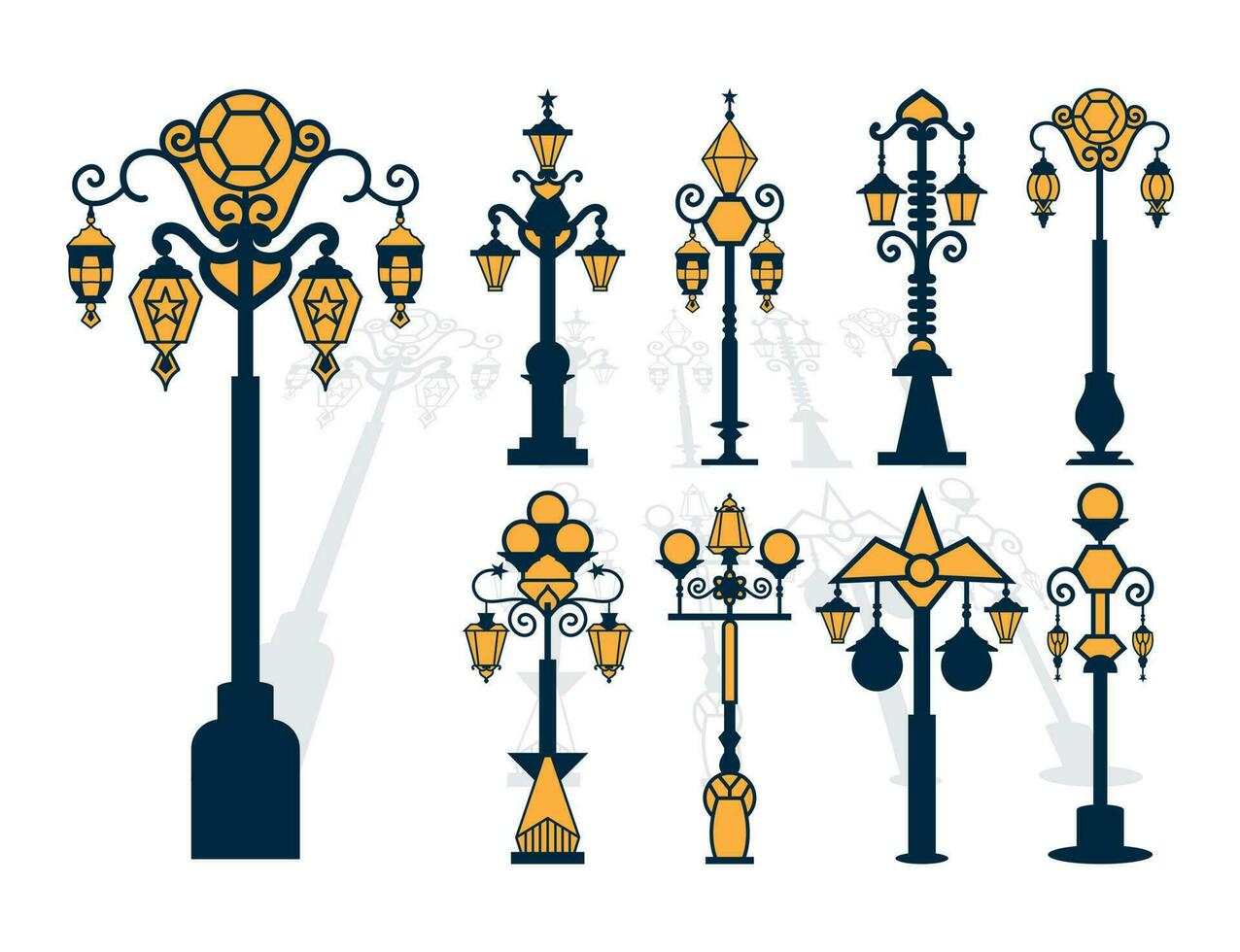 Street lamp vector set. laser cut Retro street light pillars and lantern poles