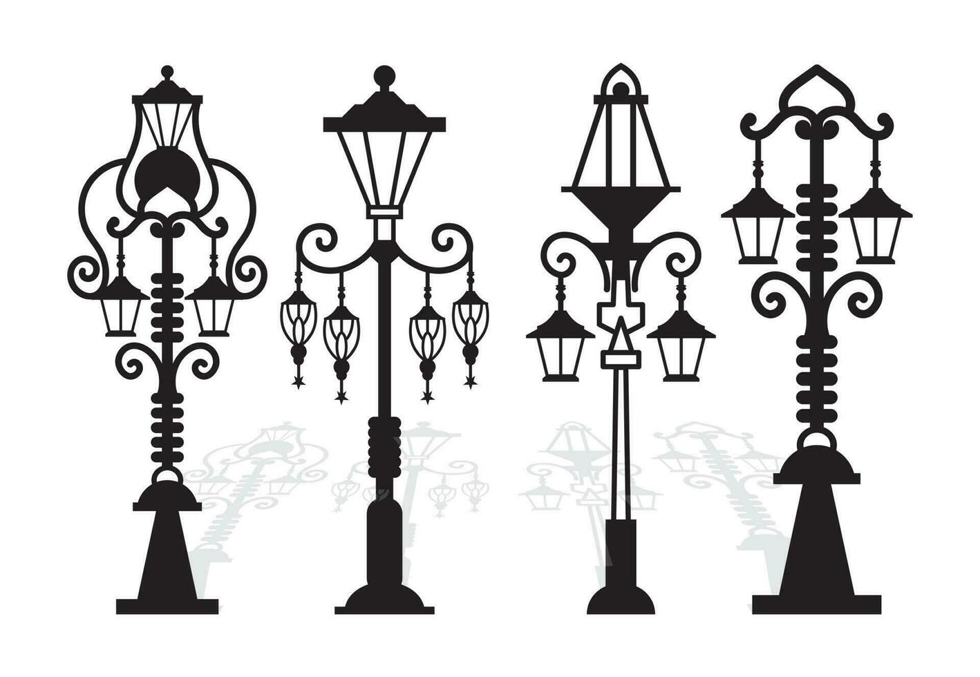 Street lamp vector set. laser cut Retro street light pillars and lantern poles