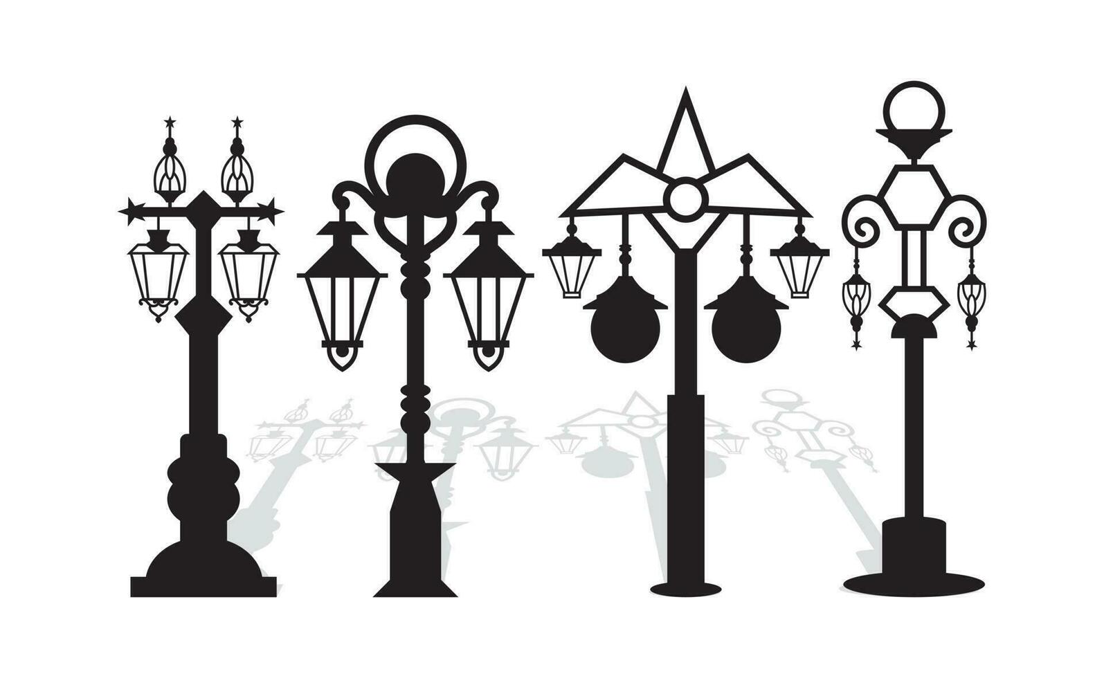 Street lamp vector set. laser cut Retro street light pillars and lantern poles