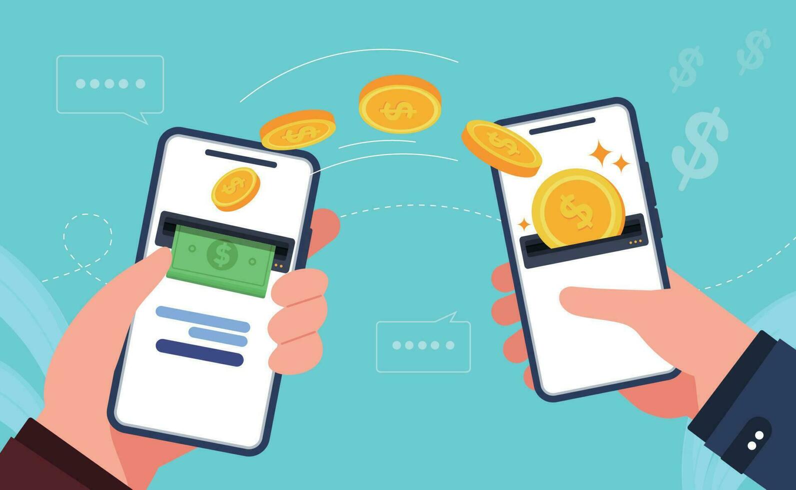 móvil dinero transferir con mano participación móvil transferencia.de.teléfono dinero por en línea Internet bancario todas alrededor el mundo ilustración. vector