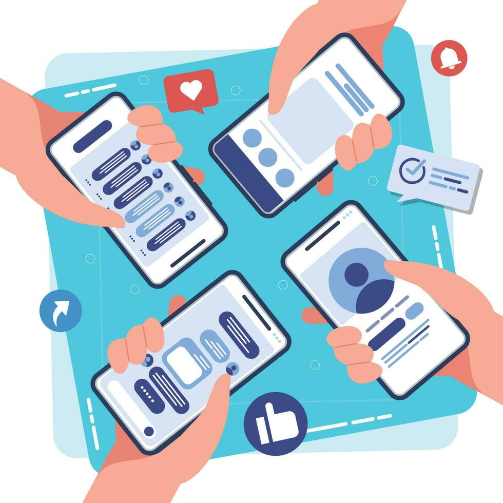 Hand holding mobile phone with Social media app. like, follower, comment. Vector illustration
