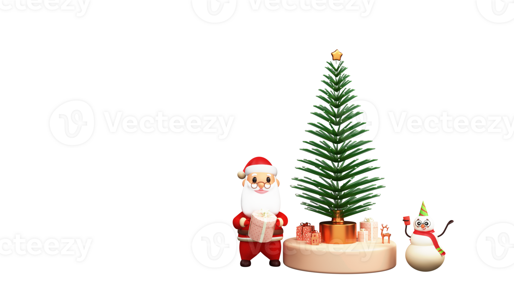 3D Render Of Santa Claus Holding Gift Box, Funny Snowman And Gift Boxes Under Xmas Or Spruce Tree Element. png
