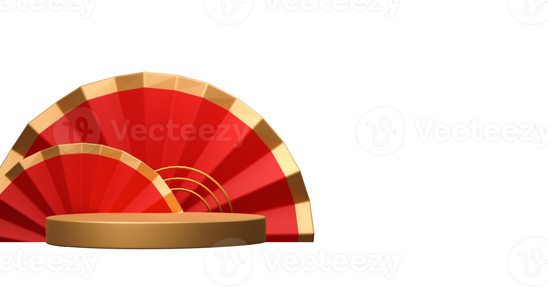 3D Rendering Golden Empty Podium With Accordion Paper Flowers Or Folding Fans Element. png