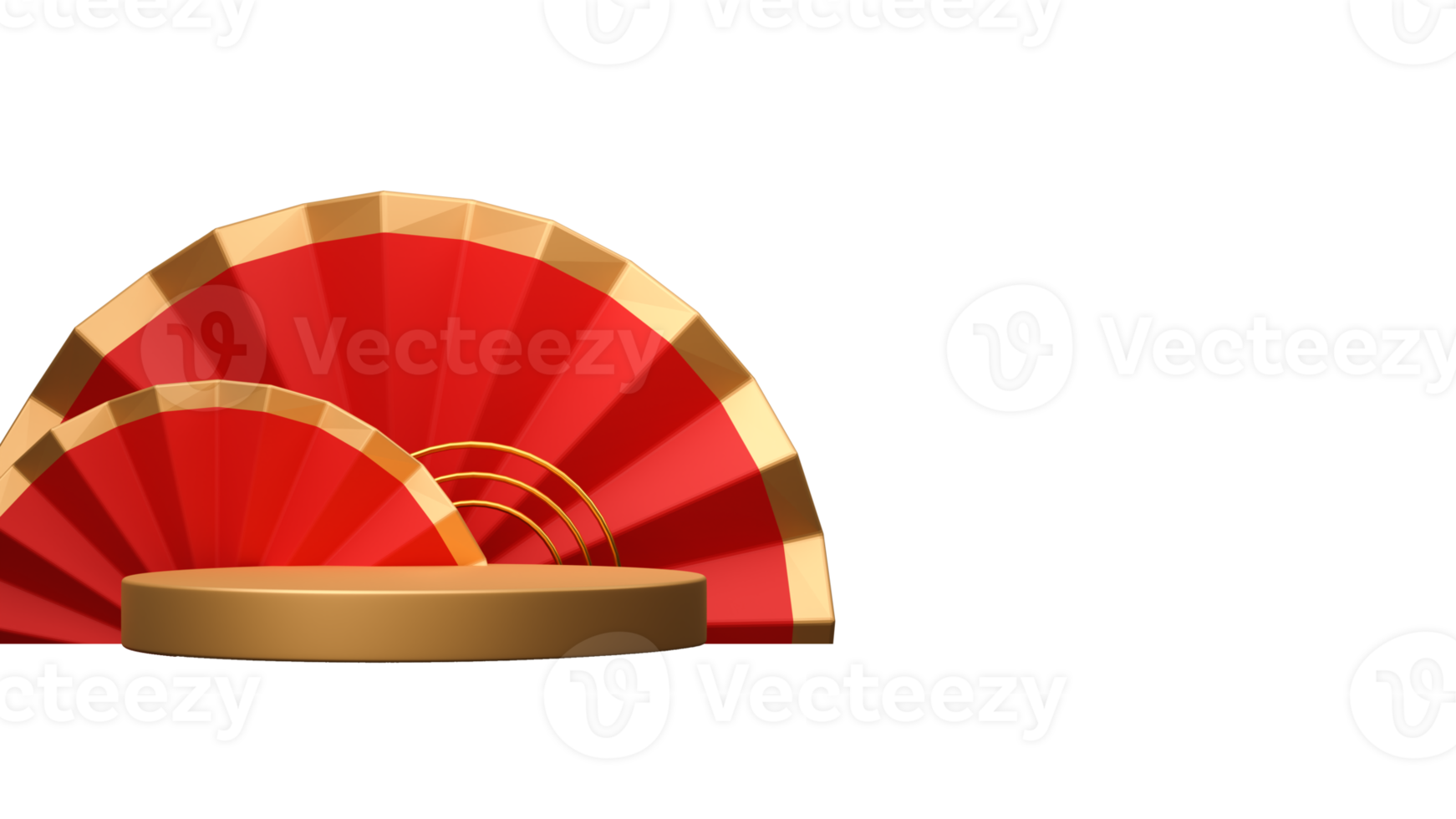 3d tolkning gyllene tömma podium med dragspel papper blommor eller hopfällbar fläktar element. png