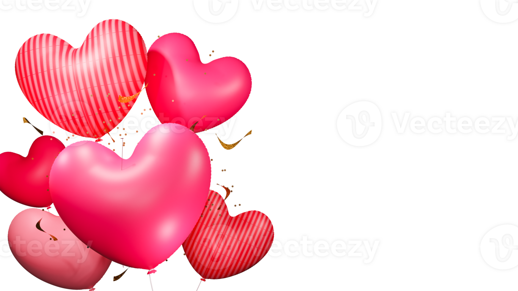 Glossy Heart Shaped Balloons With Golden Confetti Element. 3D Render. png