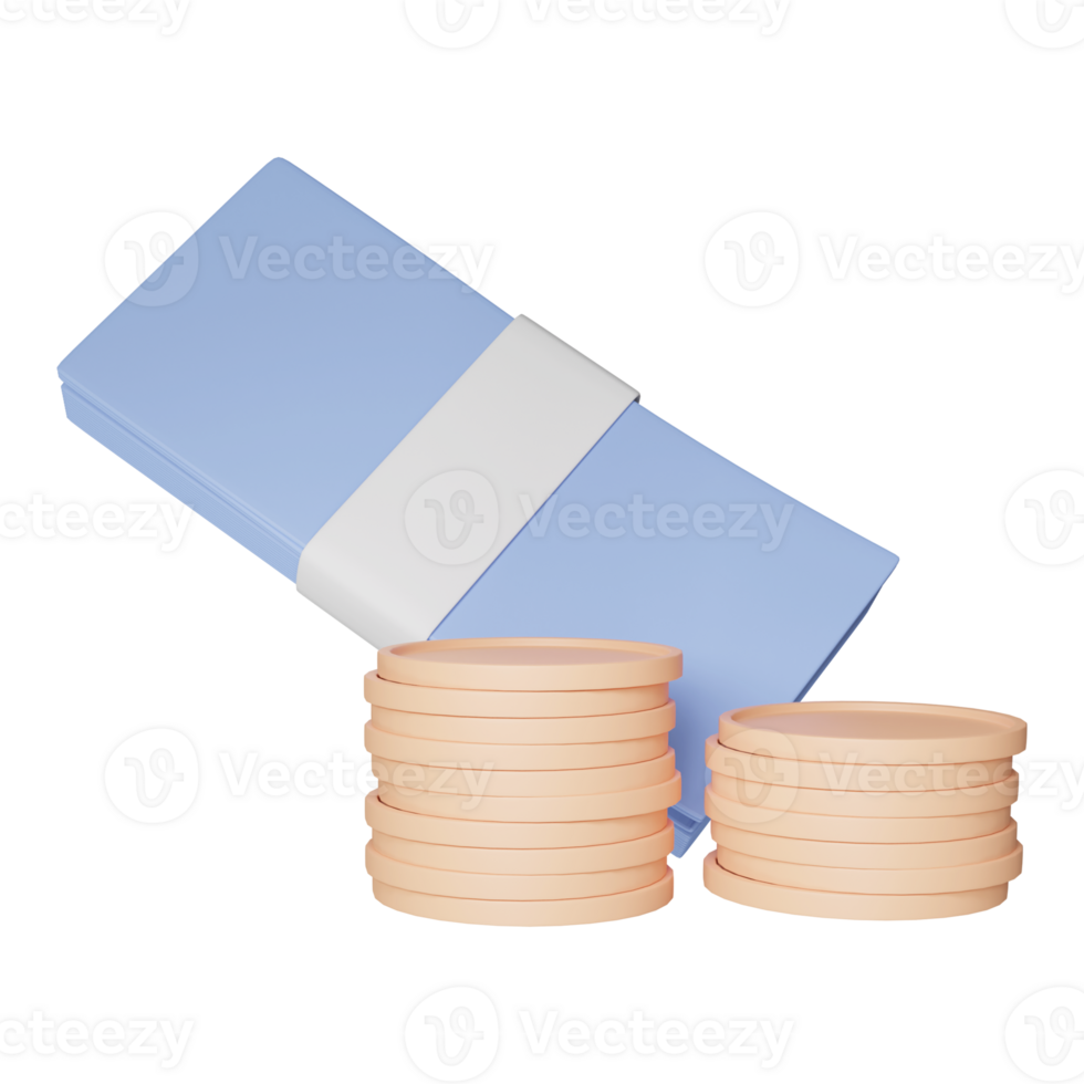 3D Render Banknote With Coin For Cash Money Icon In Blue And Peach Color. png