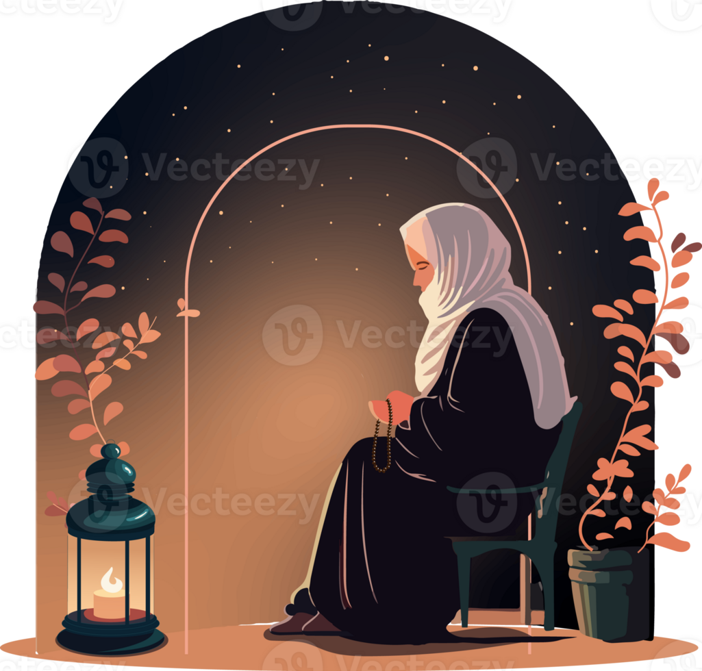 Muslim Woman Character Praying With Tasbih At Chair, Plant Pot And Illuminated Arabic Lamp On Dark Background For Islamic Festival Concept. png