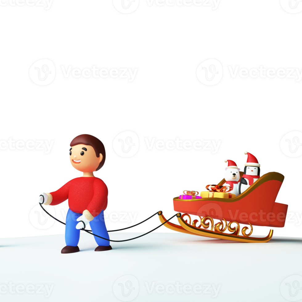 3D Render Young Boy Carrying Sleigh Full Of Gift Boxes With Polar Bear, Penguin Wear Santa Hat Against Background And Copy Space. png