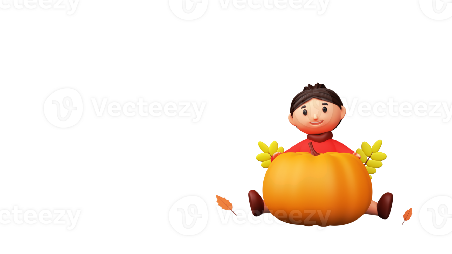 3D Illustration Of Young Girl Sitting With Pumpkin, Leaves Against Background And Copy Space. png