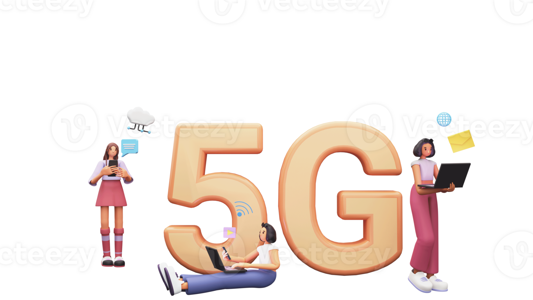 3D Render 5G Text With Young Women Using Smartphone And Laptop Against Background. png