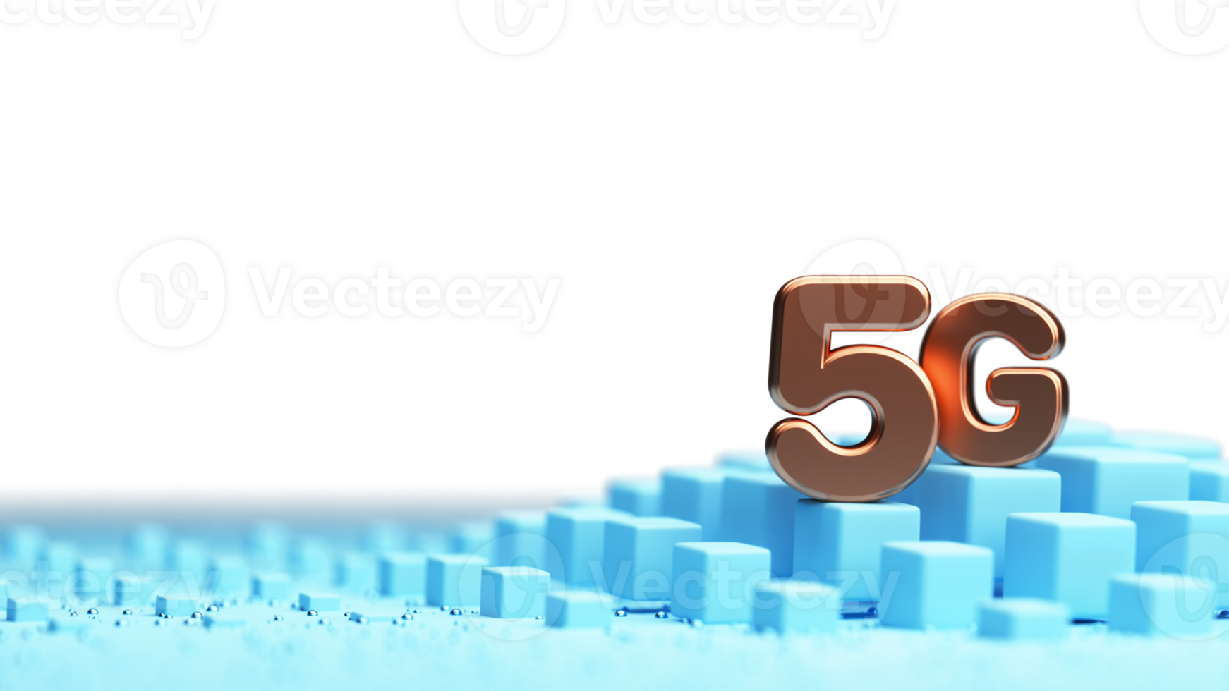 3D Bronze 5G Text With Blue Cubes Element And Tiny Balls Against Background. png