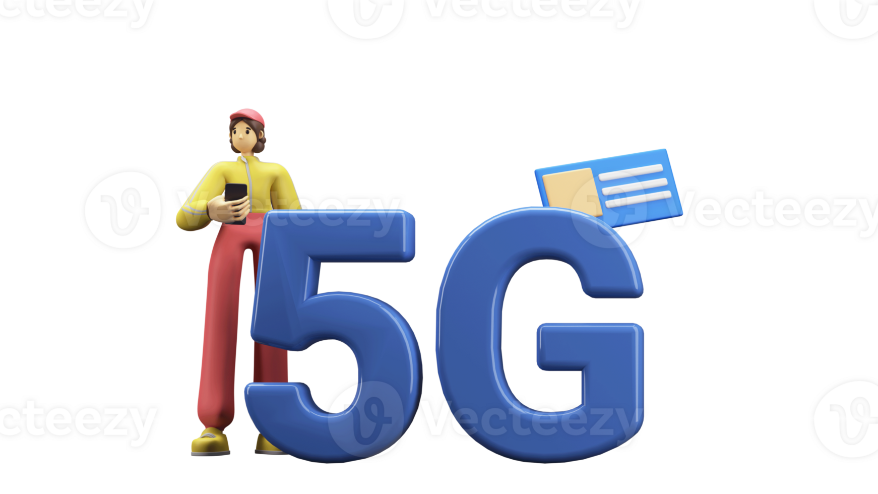 3D 5G Text With Young Woman Using Smartphone Against Background. png