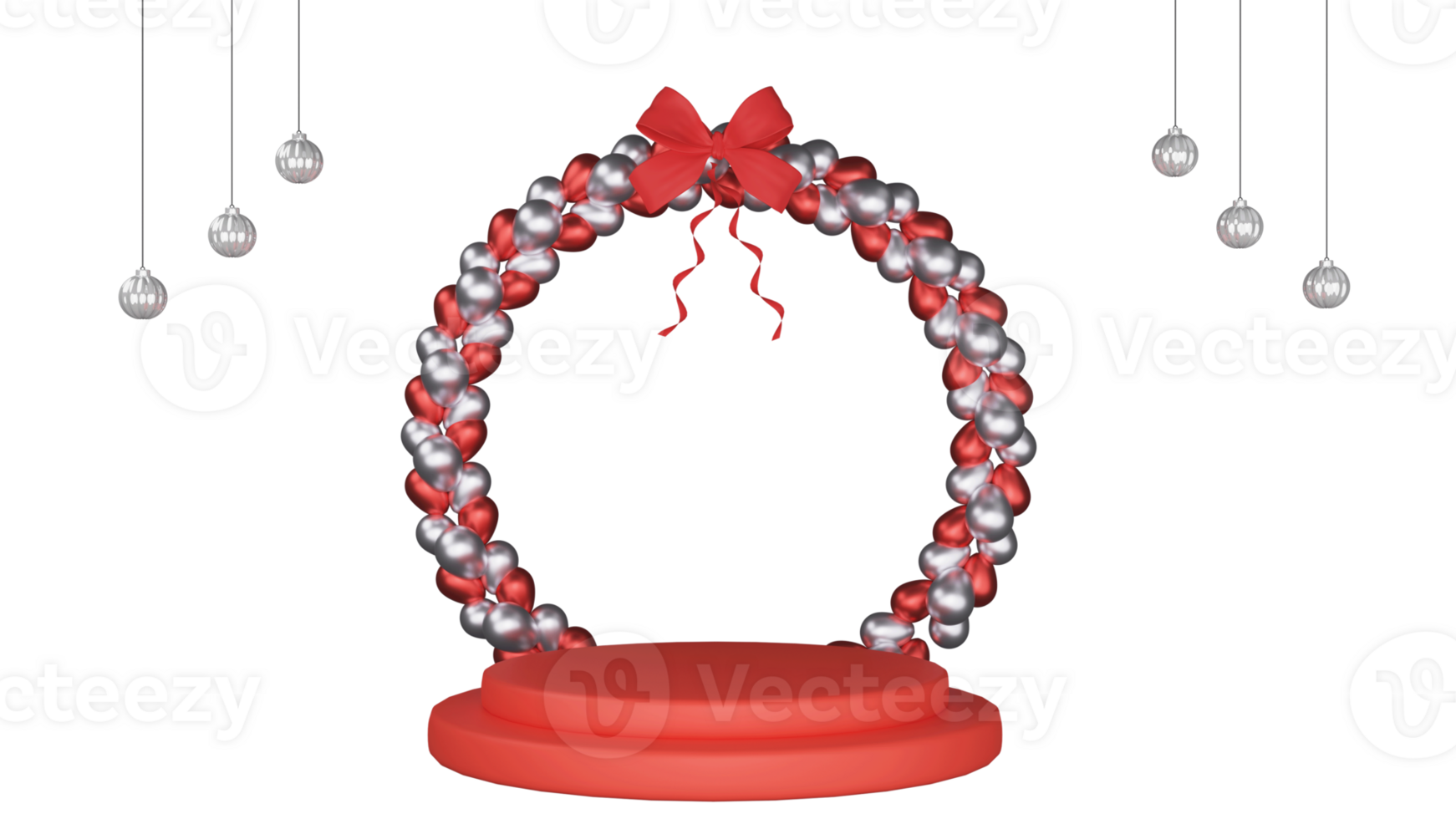 Circular Frame Made By Balloons With Red Bow Ribbon Over Podium, Baubles Hang And Copy Space. png