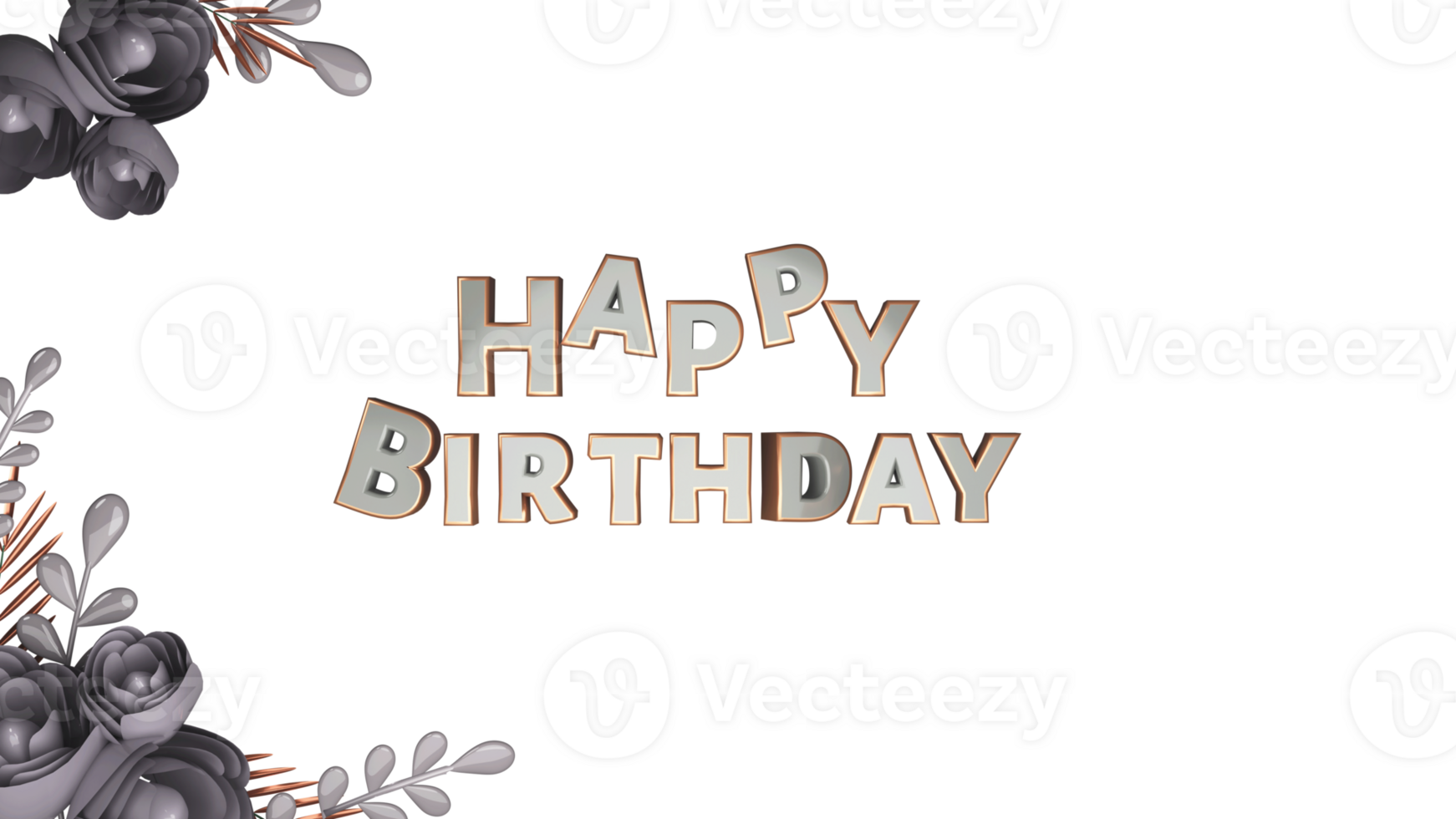 Top View Of 3D Happy Birthday Text With Origami Rose Flowers And Leaves Decorated Background. png