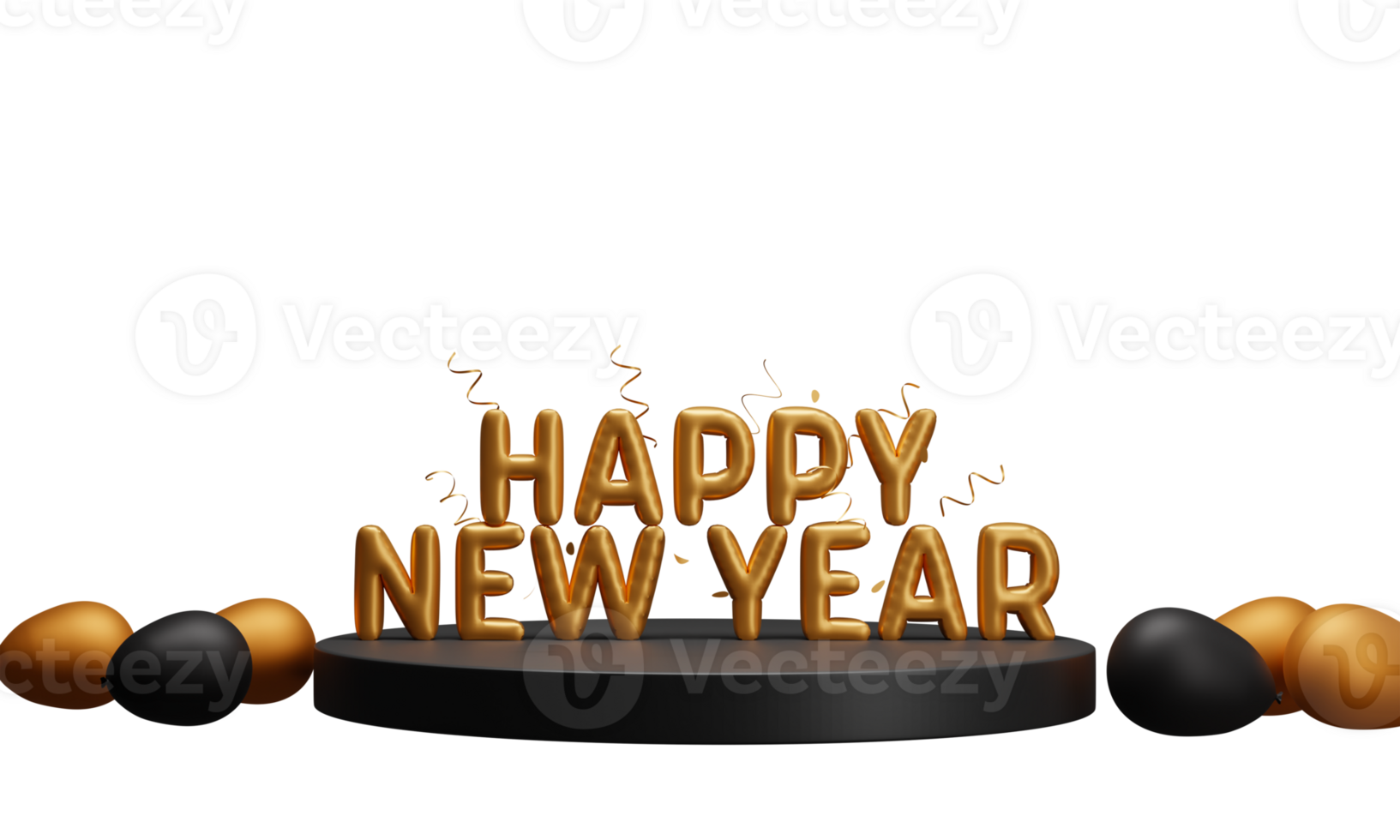 3D Golden Foil Happy New Year Text Over Podium With Curl Ribbon And Balloons On Background. png
