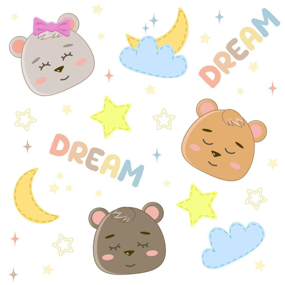 Cute Bear Sleeping Seamless Pattern Cartoon Illustration vector