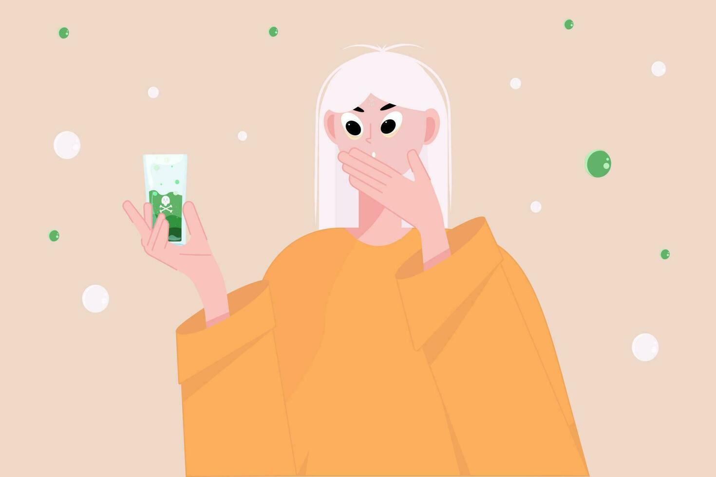 A girl holds a glass of water. A glass with dirty water. Cartoon. A sick girl. World Environment Day. vector