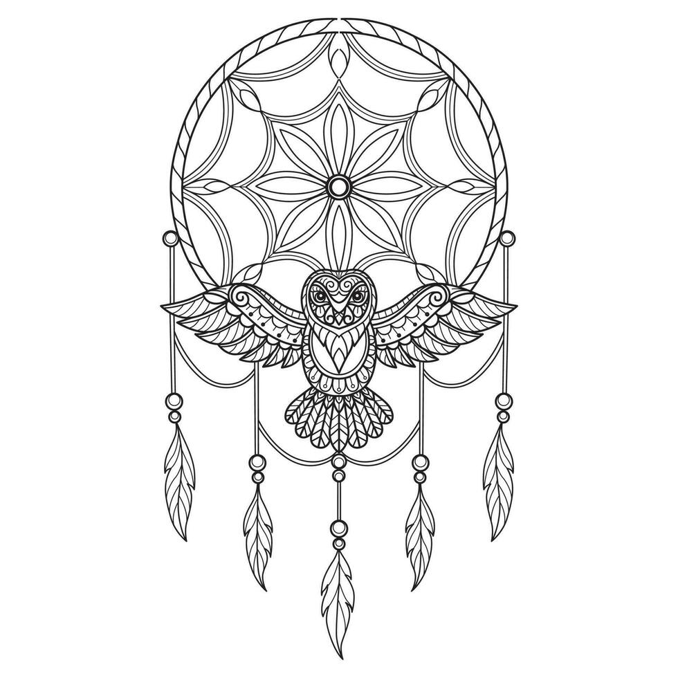 Dreamcatcher and owl hand drawn for adult coloring book vector