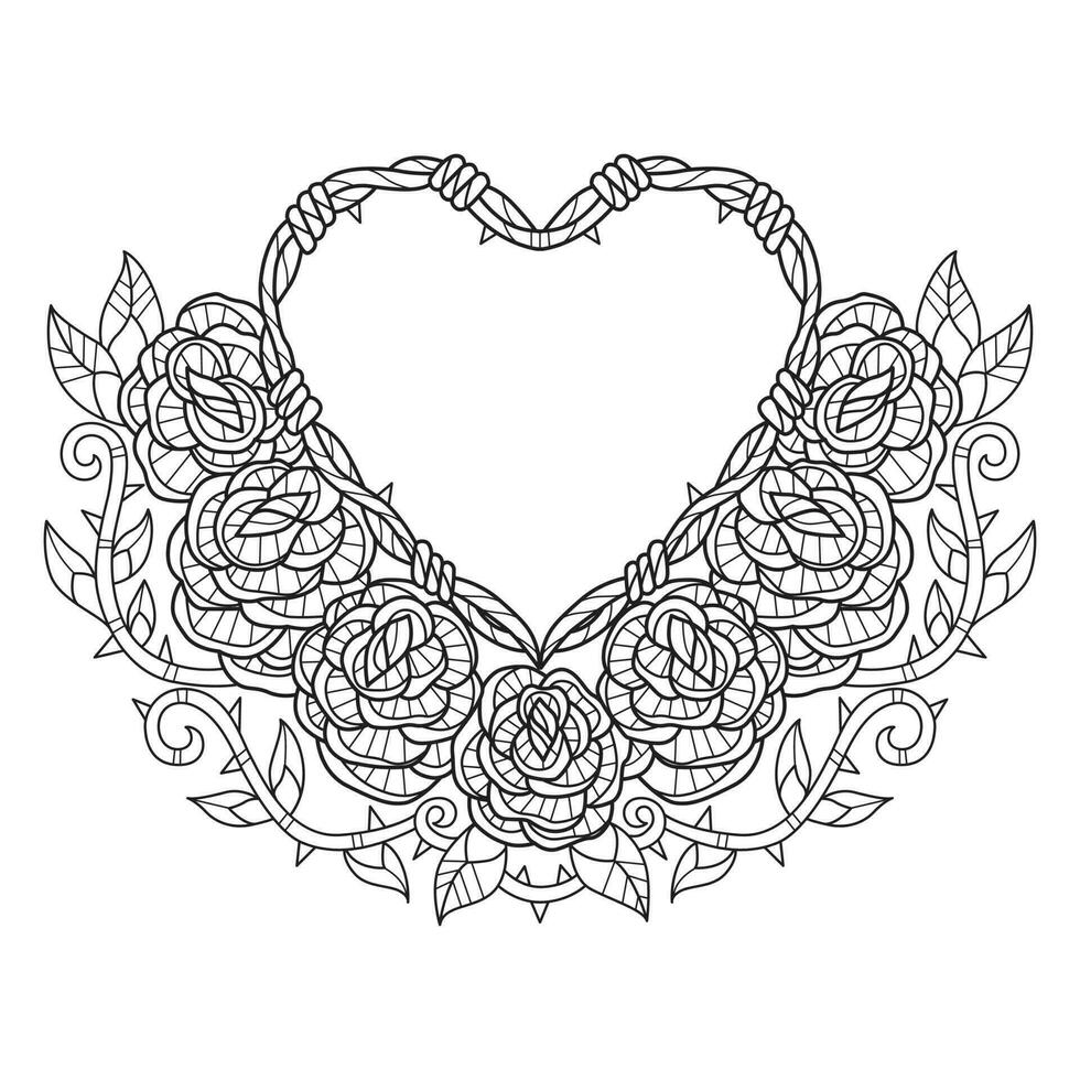 Rose and heart hand drawn for adult coloring book vector
