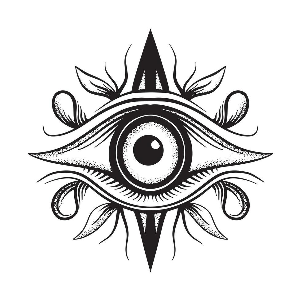 A drawing of an eye with an all seeing eye and a circle with arrows around it vector