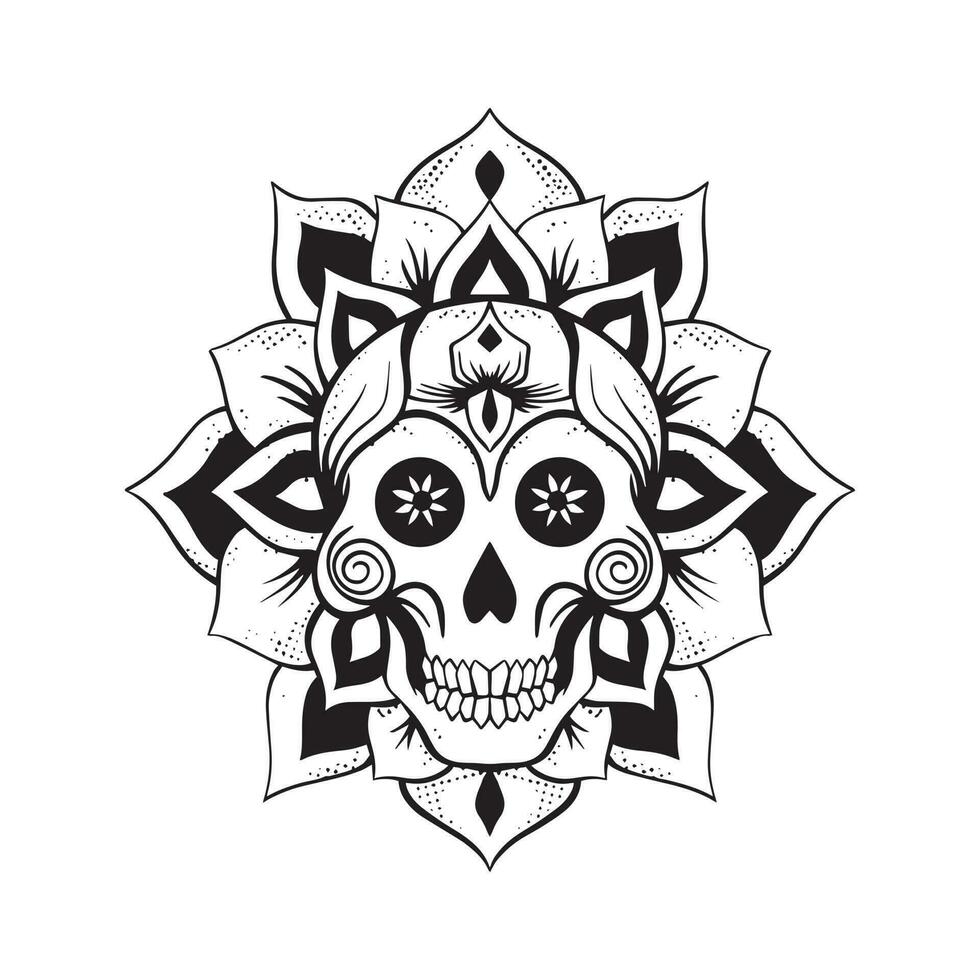 A black and white illustration of a skull with a flower in the middle vector