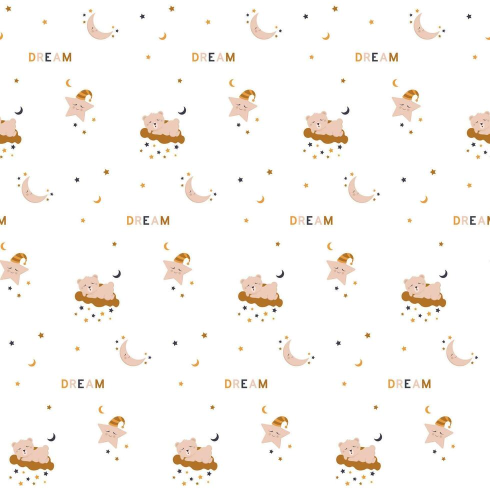 Seamless pattern with a cute sleeping bear on a cloud, a star and a moon in brown. Good night and sweet dreams. Cartoon kids texture and background. Vector illustration