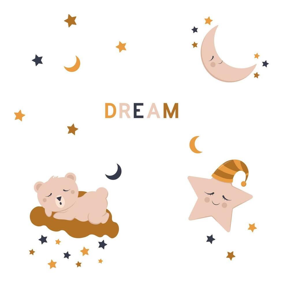 niños ilustración con un linda dormido oso en un nube, un estrella y un Luna en marrón. bueno noche y dulce Sueños. dibujos animados niños textura y antecedentes. vector ilustración