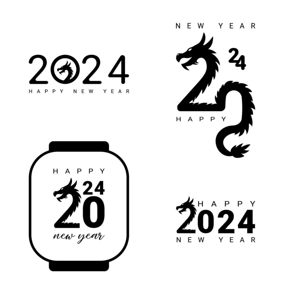 Vector illustration of a set of 2024 numbers with dragon. Logo text design for New Year 2024 and Christmas. Stickers black 2024 for notebooks, calendars, websites and diaries.