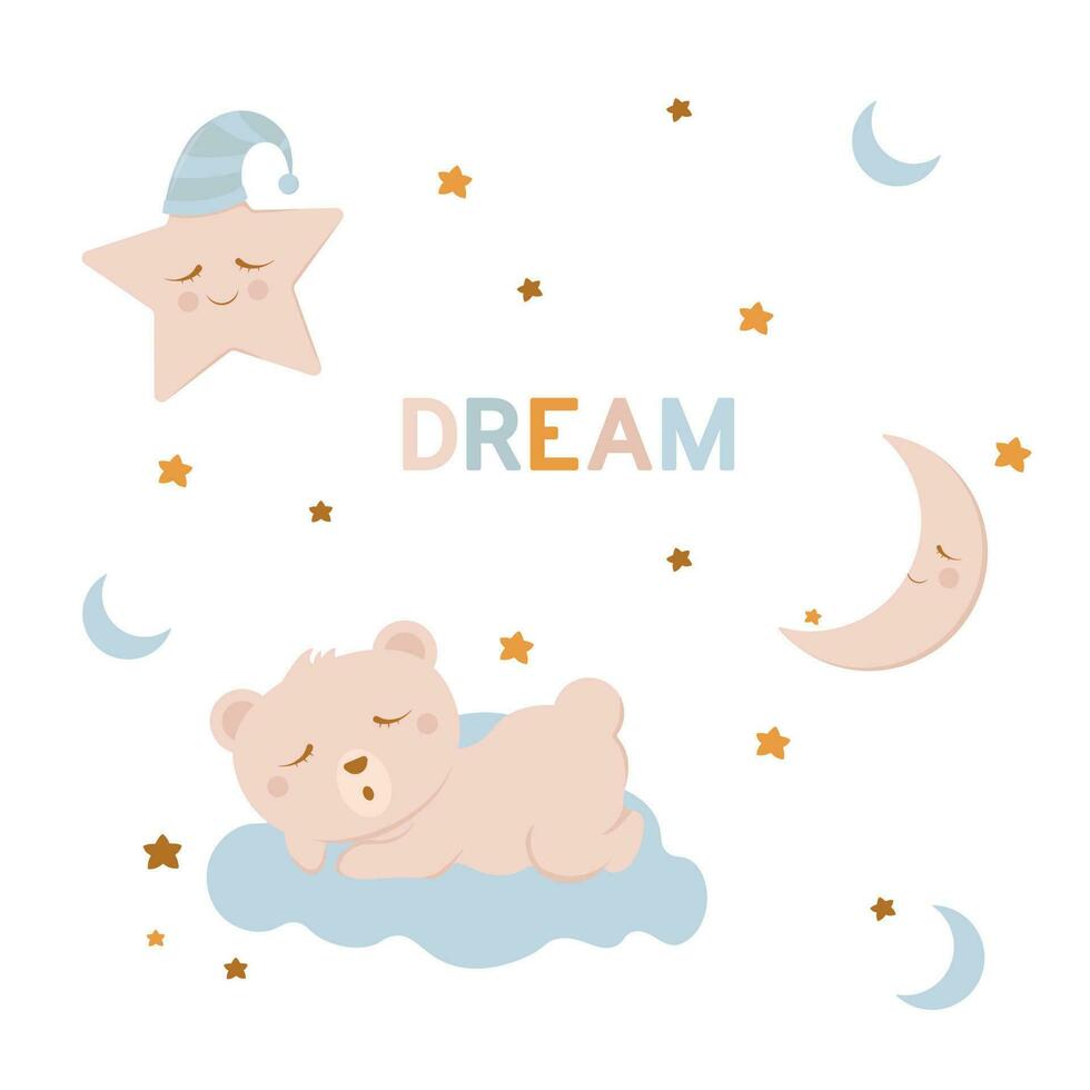 Kids illustration with a cute sleeping bear on a cloud, a star and a moon in pink blue. Good night and sweet dreams. Cartoon kids texture and background. Vector illustration