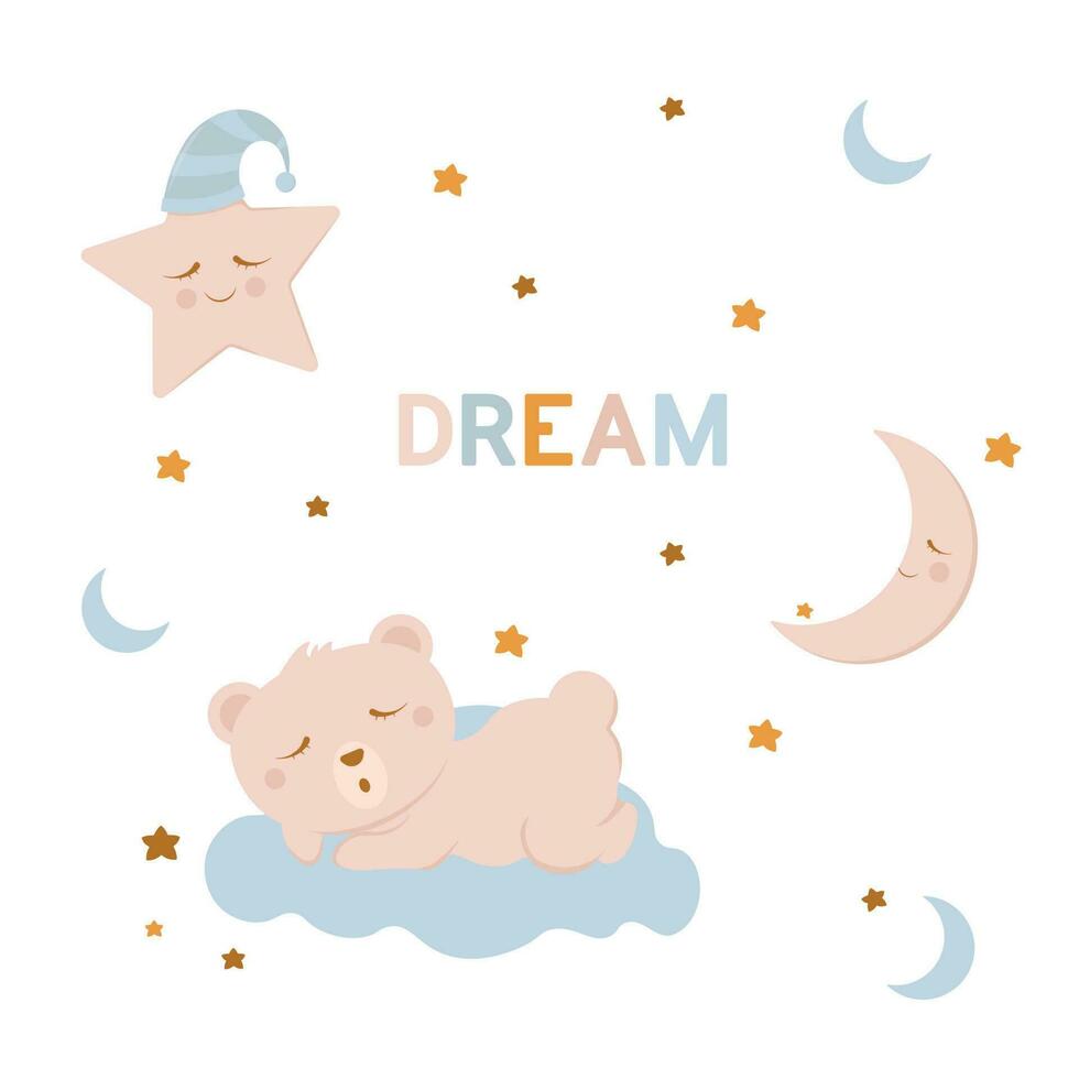 niños ilustración con un linda dormido oso en un nube, un estrella y un Luna en rosado azul. bueno noche y dulce Sueños. dibujos animados niños textura y antecedentes. vector ilustración