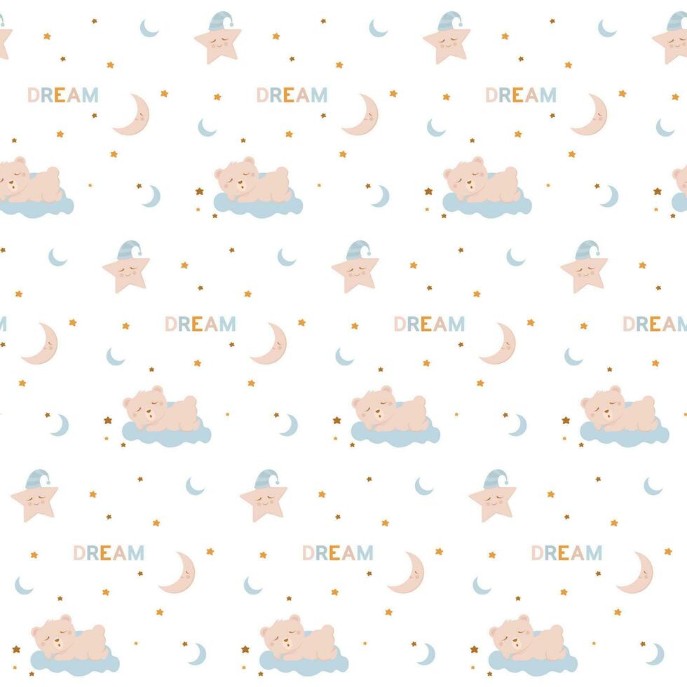 Seamless pattern with a cute sleeping bear on a cloud, a star and a moon in pink and blue. Good night and sweet dreams. Cartoon kids texture and background. Vector illustration
