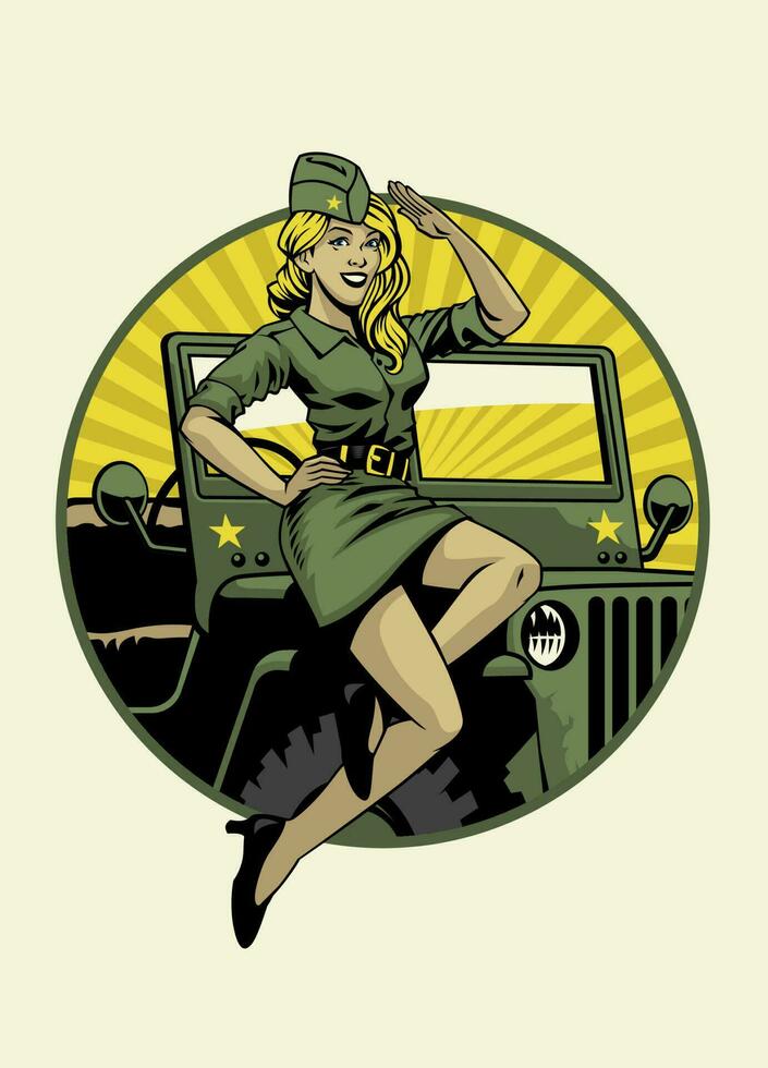 Clásico militar alfiler arriba niña posando en el coche capucha vector